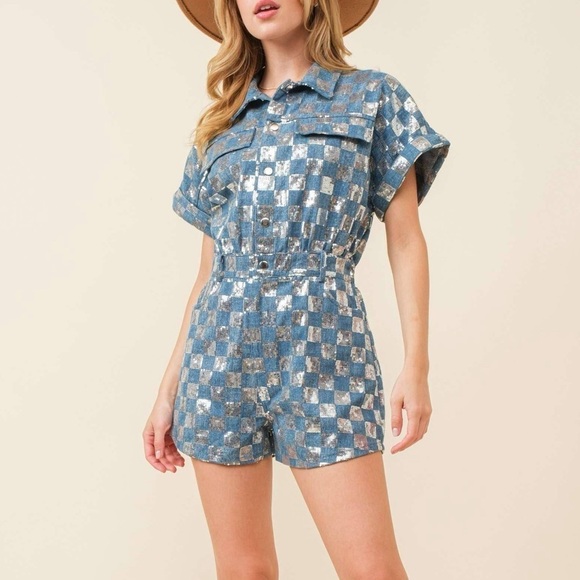 Sequin Checker Denim Romper - Picture 3 of 3